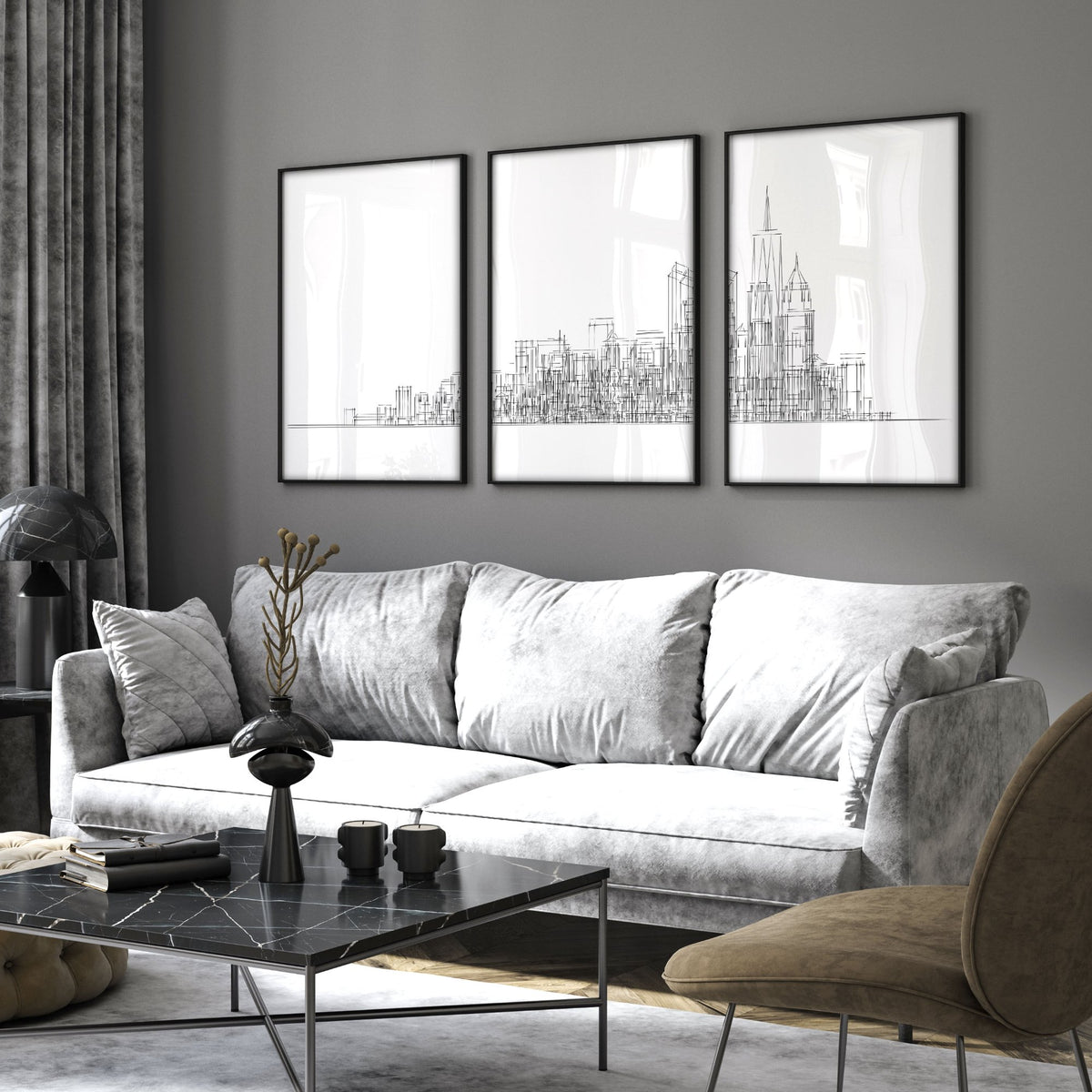 3 Pictures for Living Room | New York Skyline Line Art Skyscraper wall art displayed on a wall in a styled room — view 4