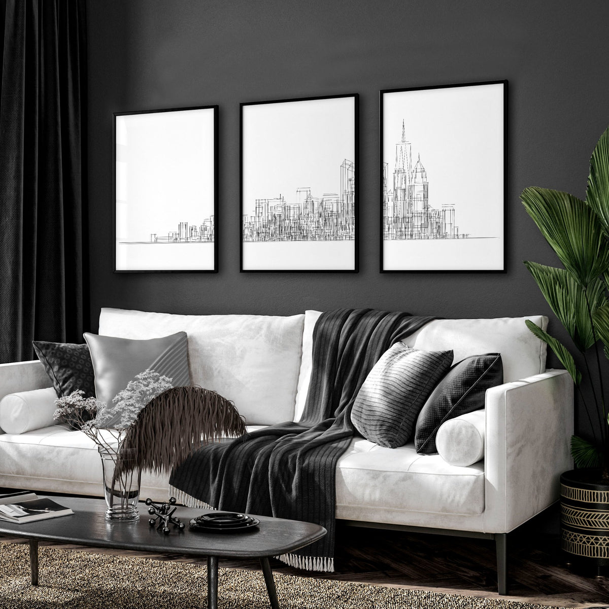 3 Pictures for Living Room | New York Skyline Line Art Skyscraper wall art displayed on a wall in a styled room — view 7