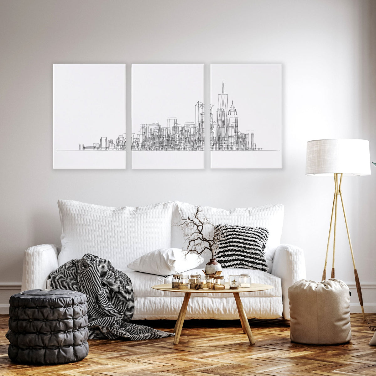 3 Pictures for Living Room | New York Skyline Line Art Skyscraper wall art displayed on a wall in a styled room — view 9