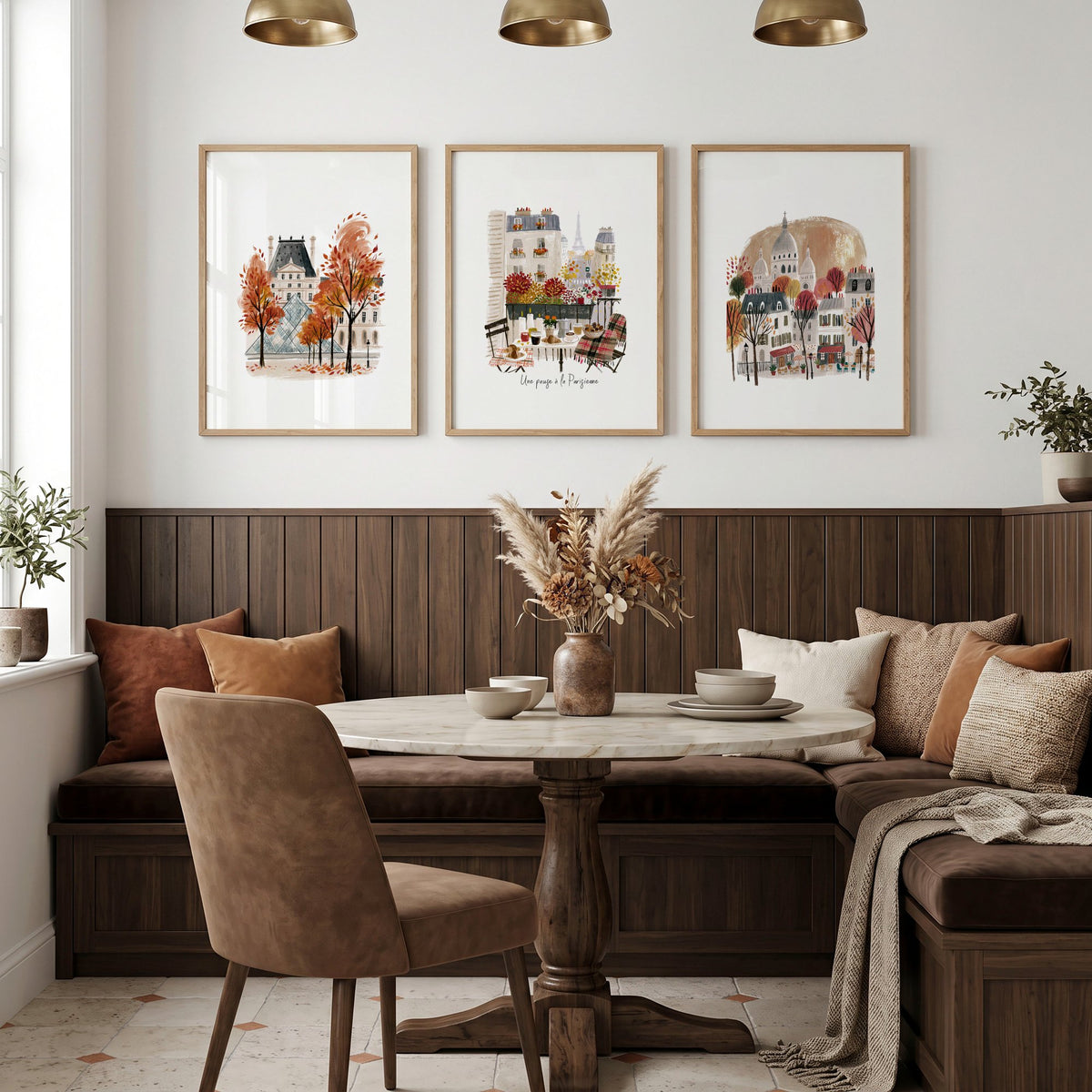 3 Pictures on Wall Autumn Paris Eiffel Tower & Louvre Travel Art wall art | "Une Pause à la Parisienne" displayed on a wall in a styled room — view 3