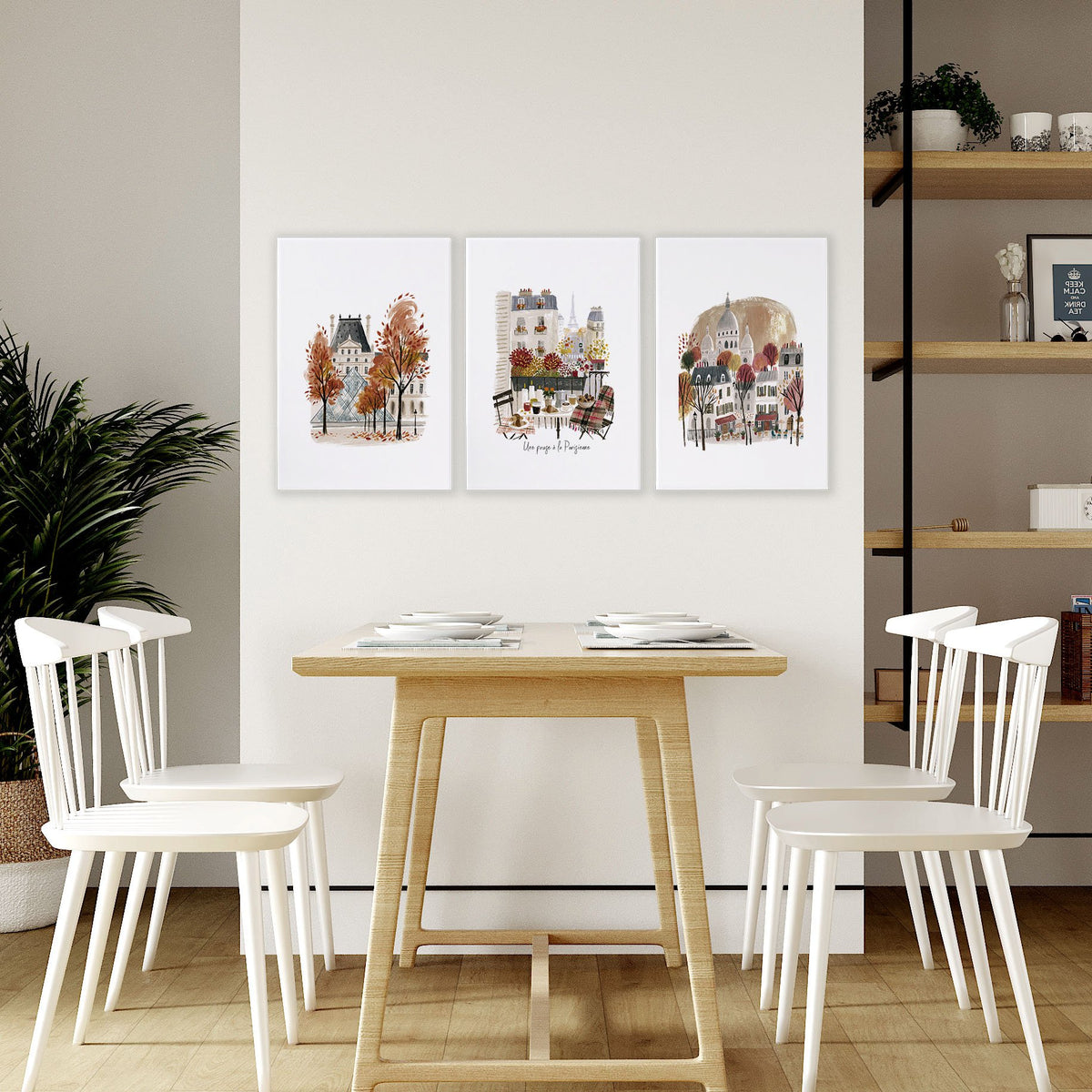 3 Pictures on Wall Autumn Paris Eiffel Tower & Louvre Travel Art wall art | "Une Pause à la Parisienne" displayed on a wall in a styled room — view 5