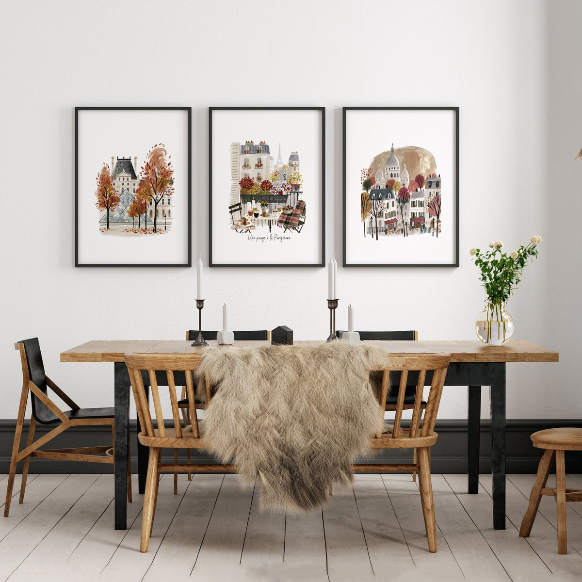 3 Pictures on Wall Autumn Paris Eiffel Tower & Louvre Travel Art wall art | "Une Pause à la Parisienne" displayed on a wall in a styled room — view 6