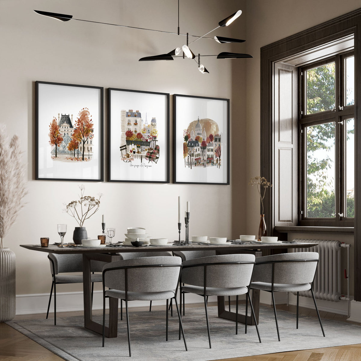 3 Pictures on Wall Autumn Paris Eiffel Tower & Louvre Travel Art wall art | "Une Pause à la Parisienne" displayed on a wall in a styled room — view 7