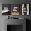 3 Piece Wall Art Framed | Bohemian Book Lover Still Life in Moody Grey Tones displayed on a wall in a styled room