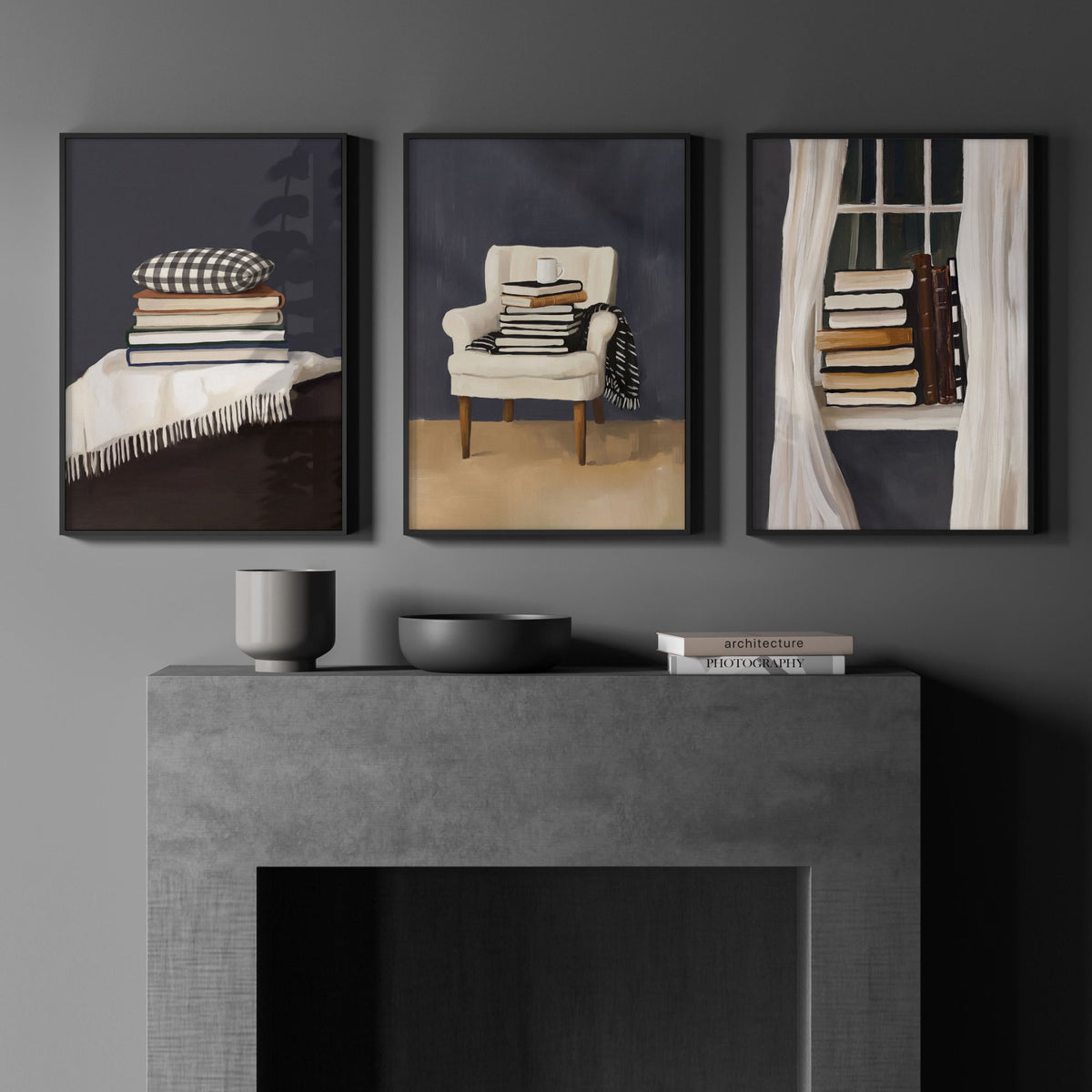 3 Piece Wall Art Framed | Bohemian Book Lover Still Life in Moody Grey Tones displayed on a wall in a styled room