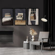 3 Piece Wall Art Framed | Bohemian Book Lover Still Life in Moody Grey Tones displayed on a wall in a styled room — view 2