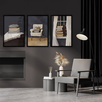 3 Piece Wall Art Framed | Bohemian Book Lover Still Life in Moody Grey Tones displayed on a wall in a styled room — view 2