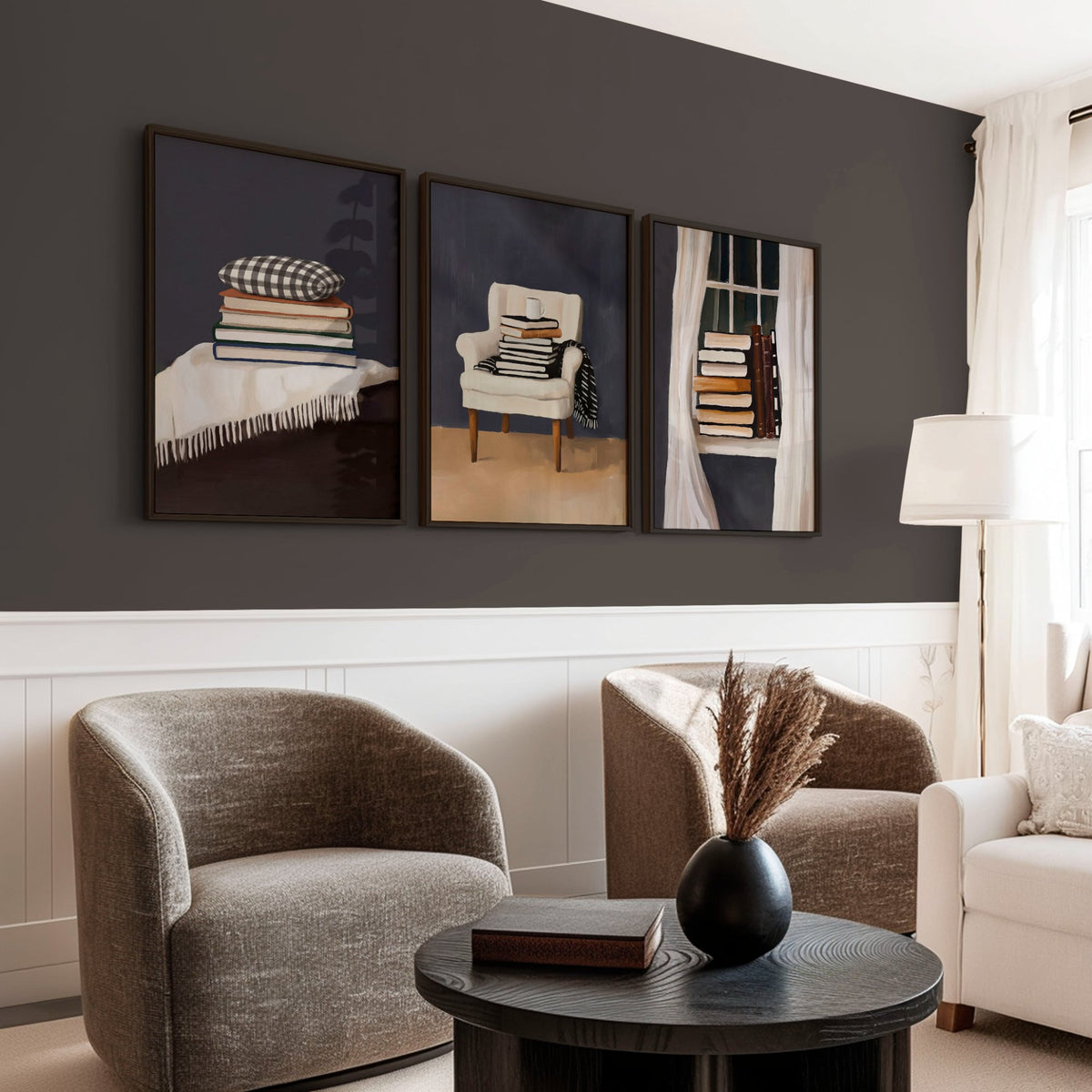 3 Piece Wall Art Framed | Bohemian Book Lover Still Life in Moody Grey Tones displayed on a wall in a styled room — view 3