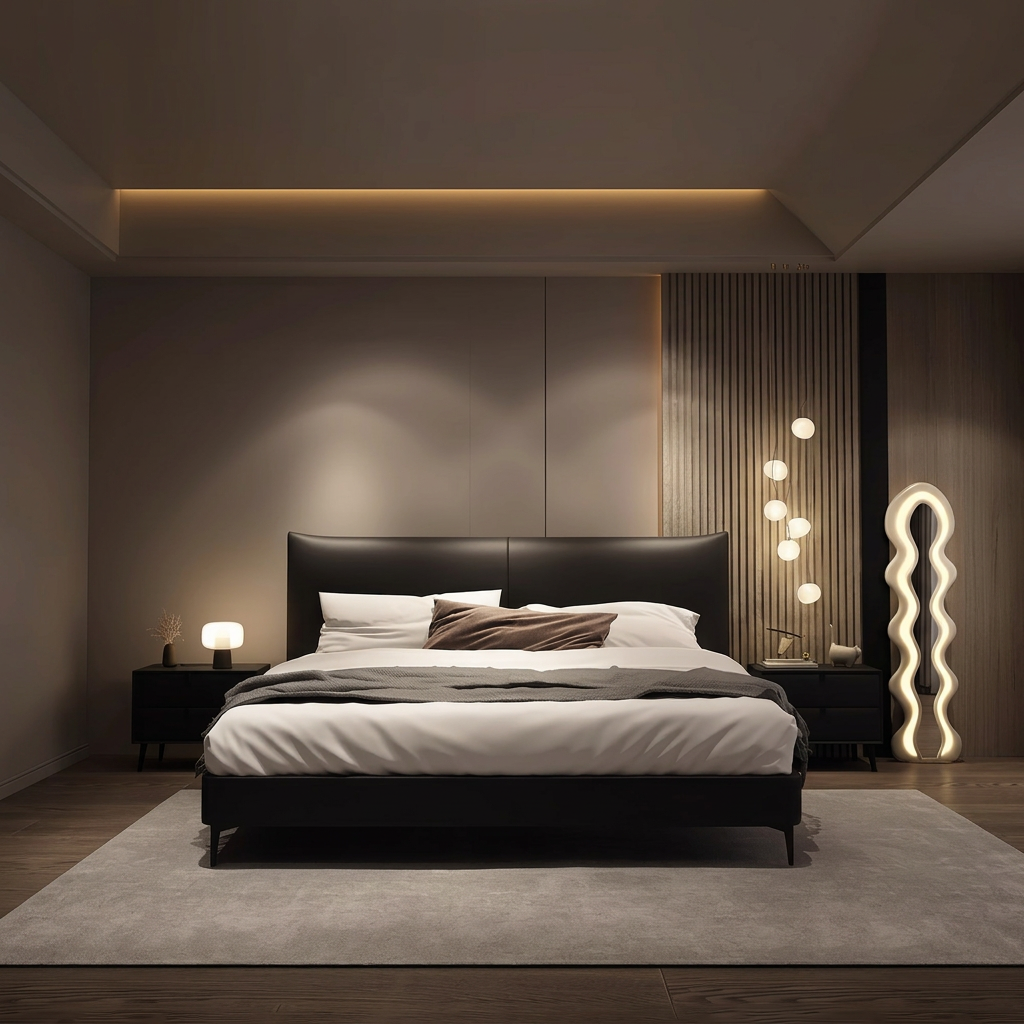 3. Viktor black bed viewed from the front in a styled bedroom