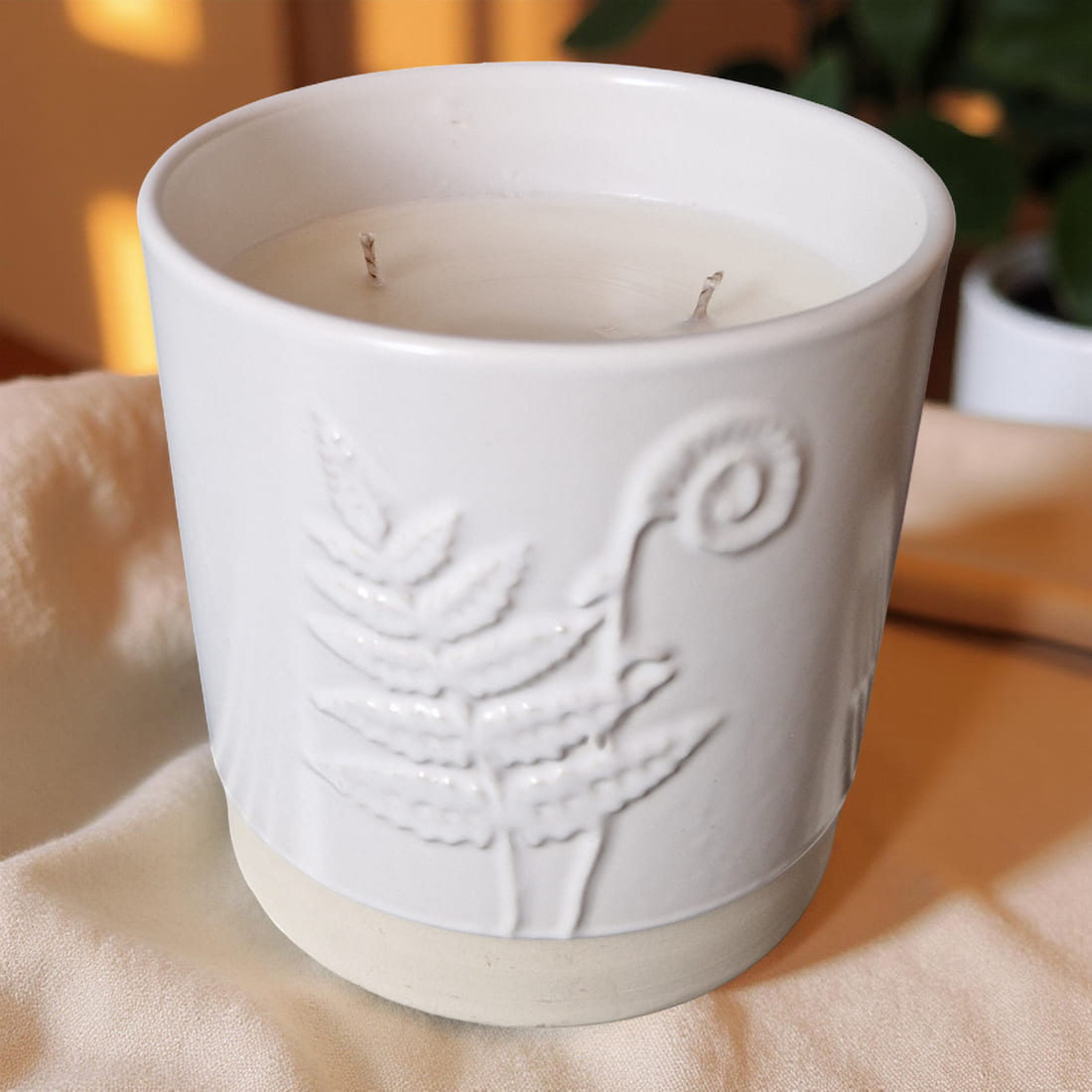 3 - Wick Candle in White Ceramic Fern Pot