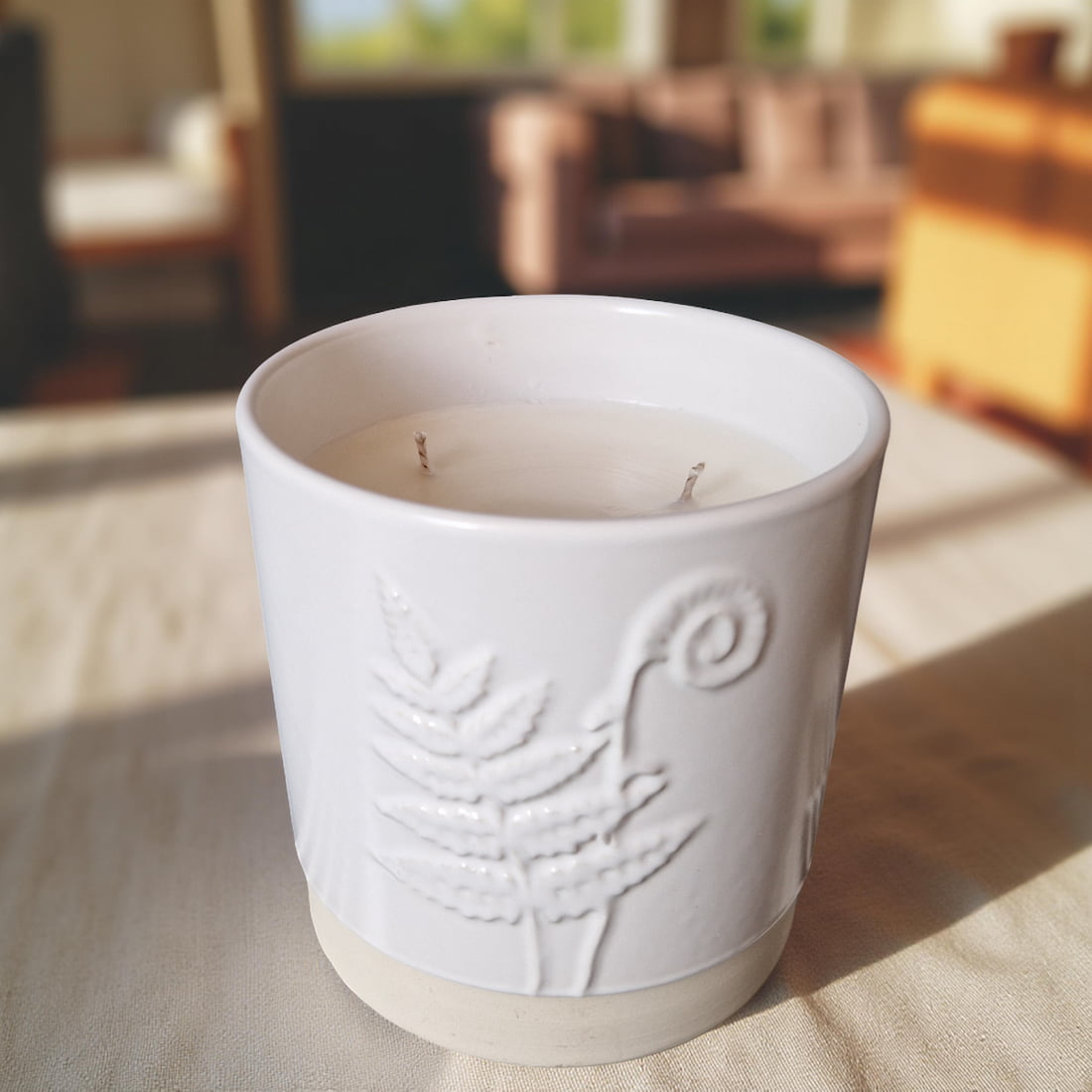 3 - Wick Candle in White Ceramic Fern Pot