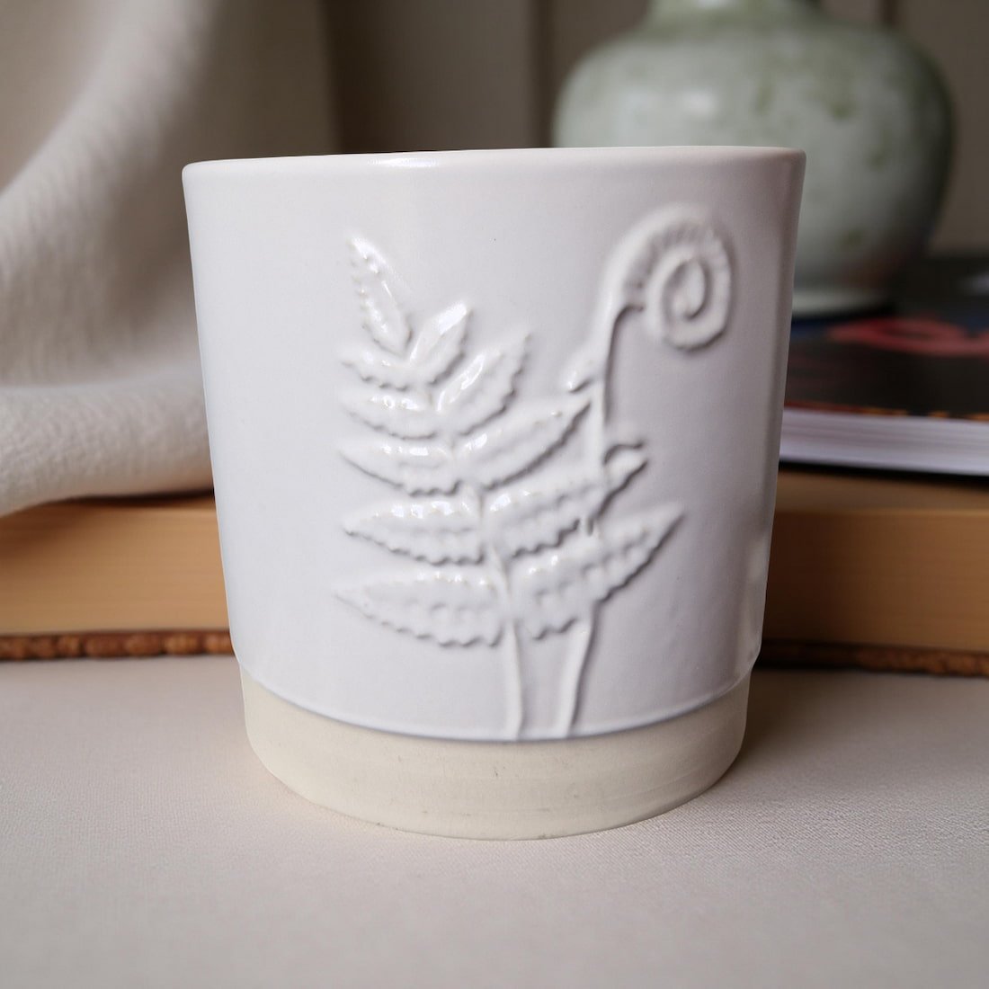 3 - Wick Candle in White Ceramic Fern Pot