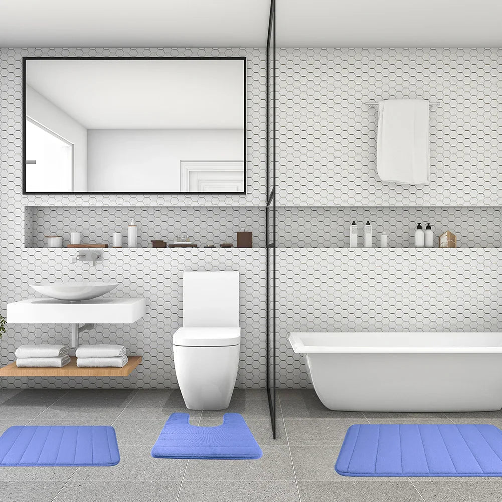 3Pcs Memory Foam Bath Mats Set 40x60CM 50X80CM Rectangle and U - Shaped Bathroom Rugs Non - Slip Soft Water Absorption Toilet Mats