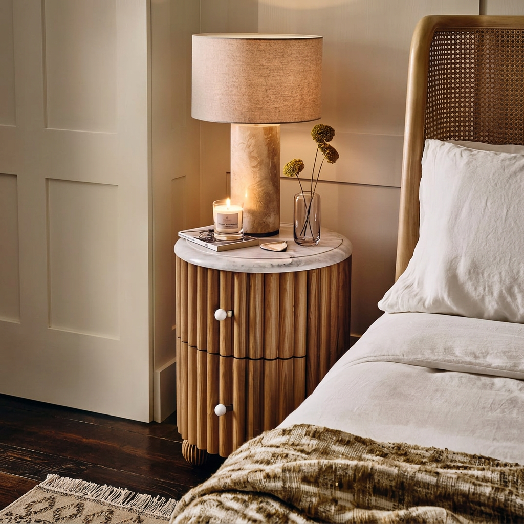 4. Ava Luxe white marble bedside table with a lamp and candle