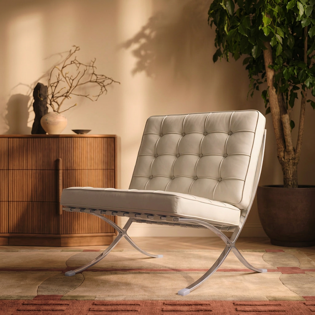 4. Barcelona white leather chair viewed at an angle