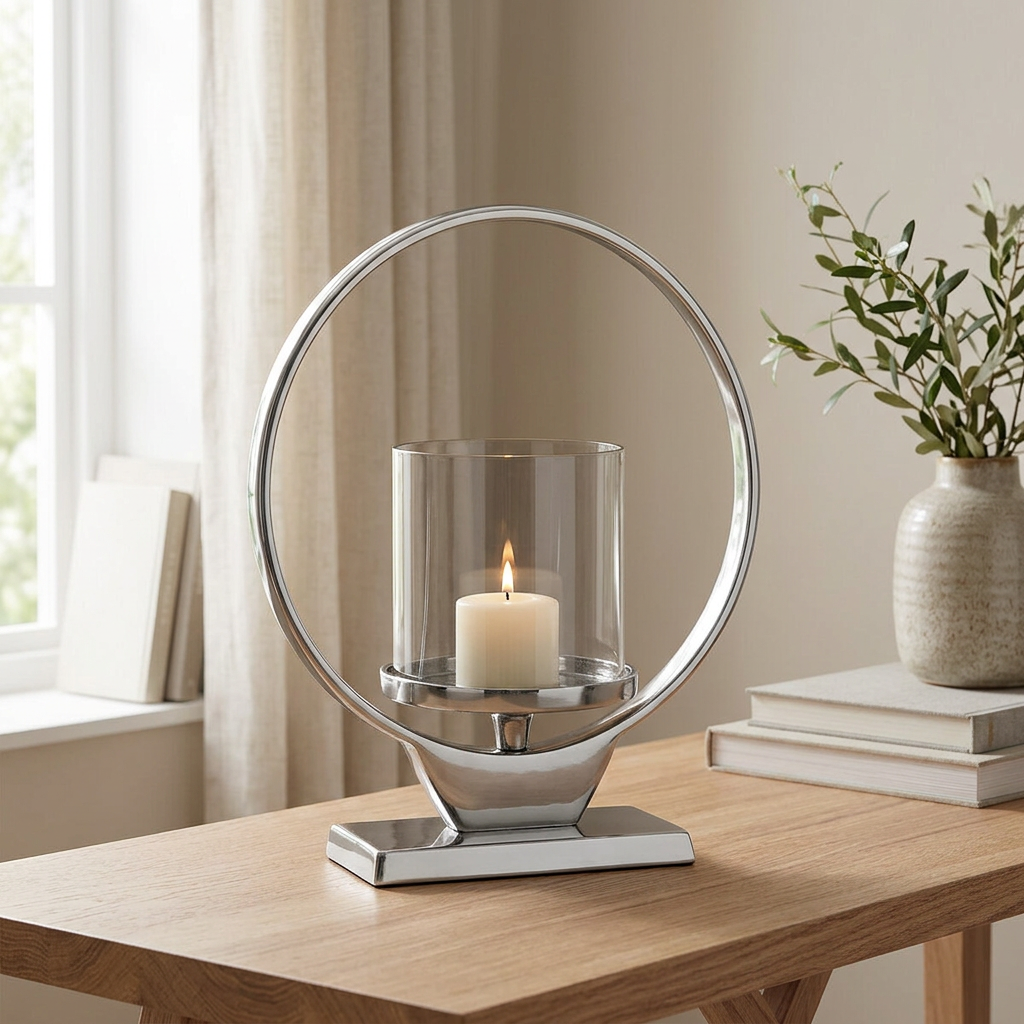 4. Cirqua small silver candle holder viewed at an angle on an oak console