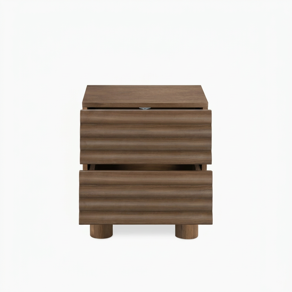 4. Clancy wooden bedside table with open drawers viewed from the front