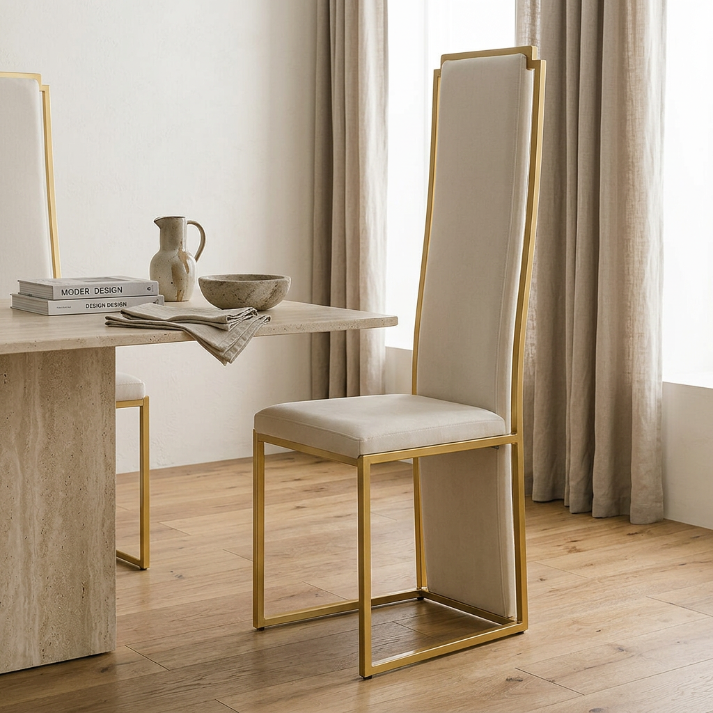 4. Deana gold frame dining chair viewed at an angle beside a stone table