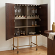 4. Delta walnut wine cabinet with open doors styled in a contemporary home bar
