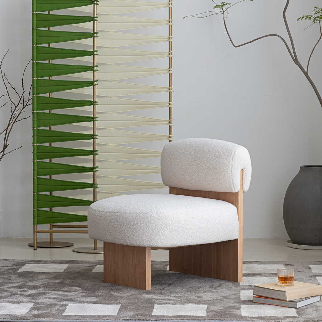 4. Evander white boucle chair beside a woven screen