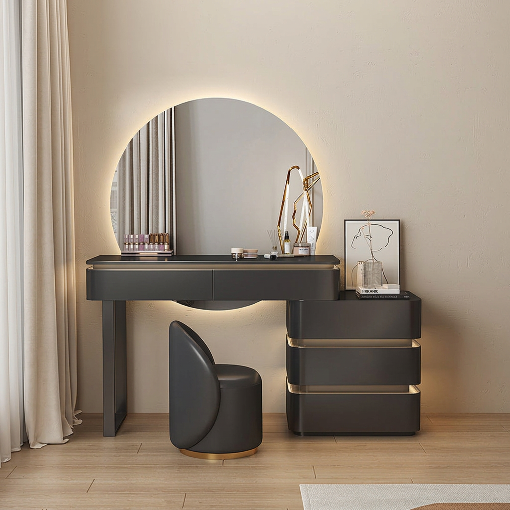 4. Grant black dressing table with illuminated mirror viewed from the front