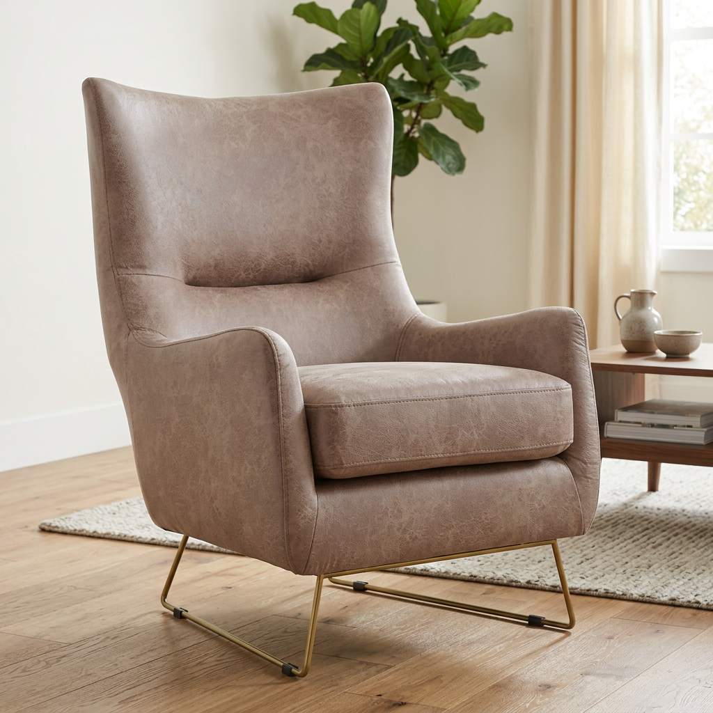 4. Henry light taupe armchair viewed at an angle in a contemporary living room