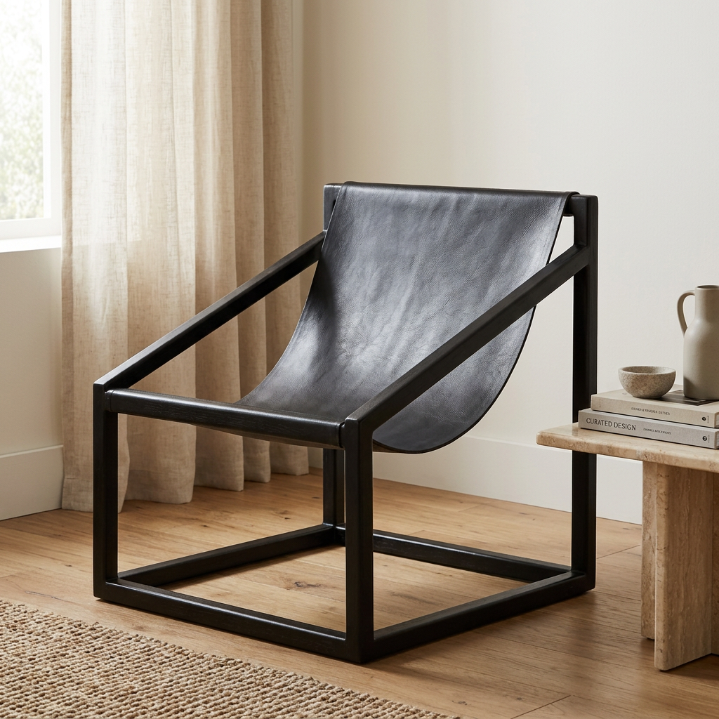 4. Kendari black leather sling chair viewed at an angle beside a travertine table