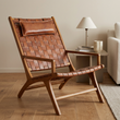 4. Kendari brown woven leather chair viewed at an angle in a contemporary living room