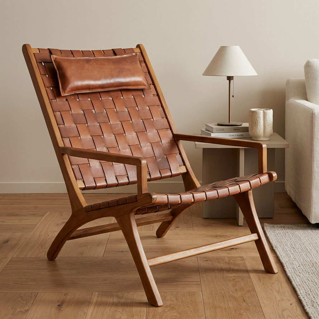 4. Kendari brown woven leather chair viewed at an angle in a contemporary living room