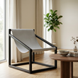 4. Kendari light grey leather sling chair beside a window in an ivory living room