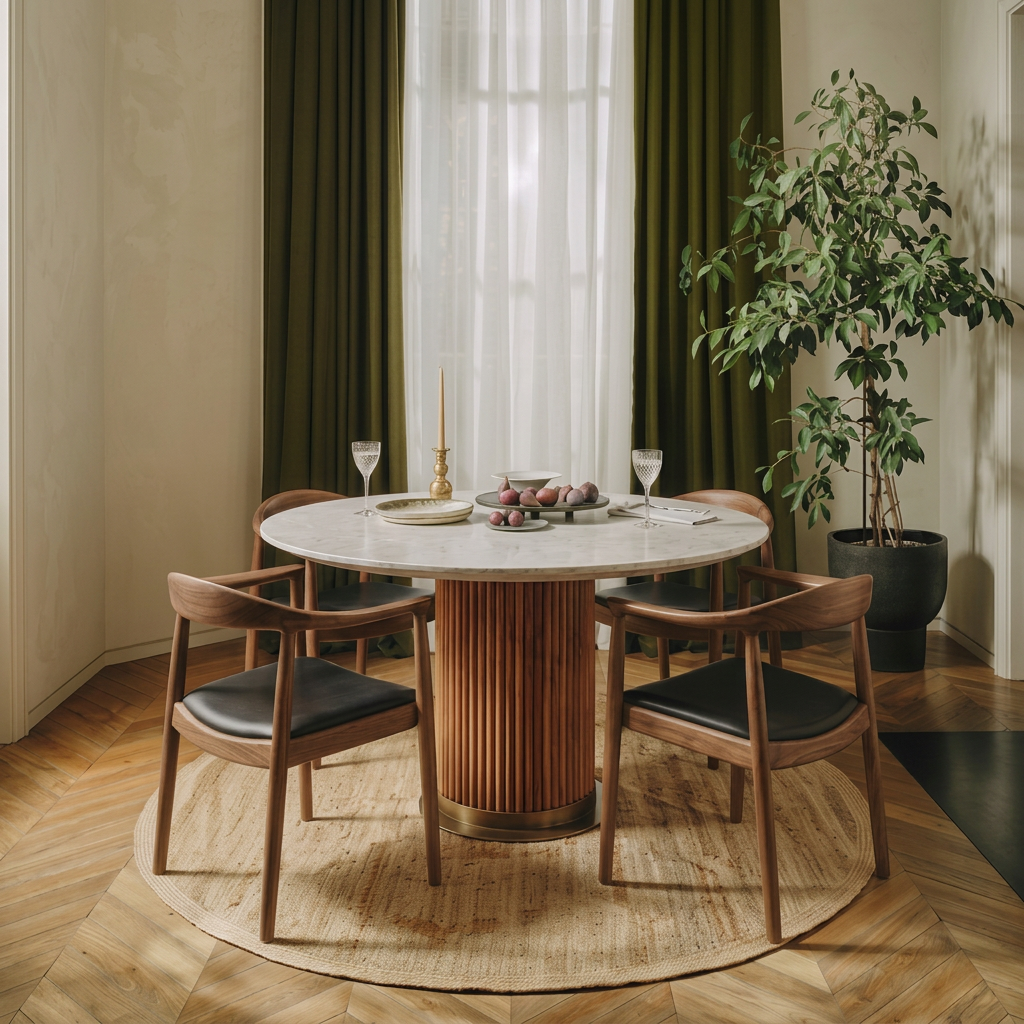4. Kennedy dark oak dining chairs around a round marble table