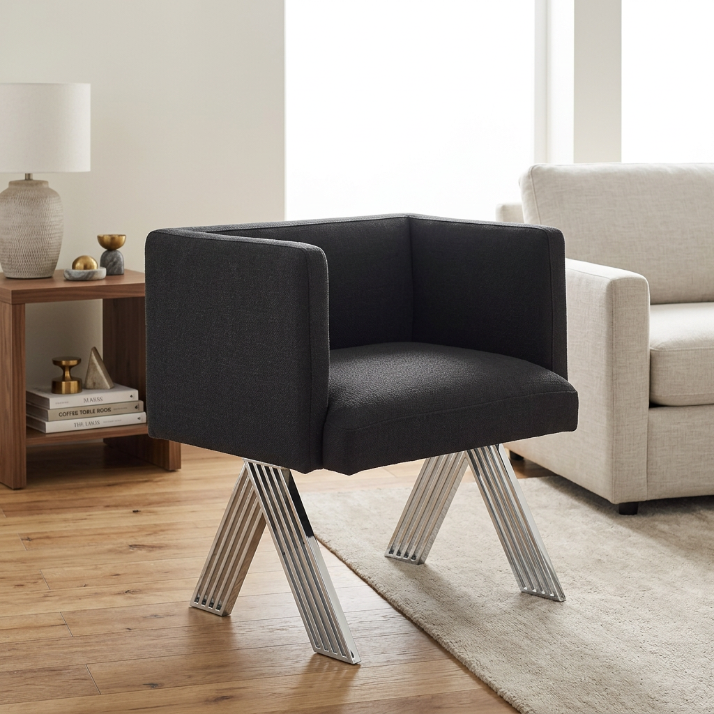 4. Piermount black chair viewed at an angle in a contemporary ivory living room