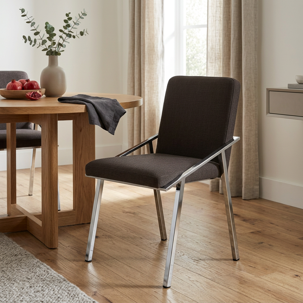 4. Piermount black fabric dining chair beside a round oak table in an ivory dining room