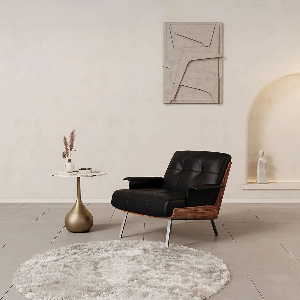 4. Vasilev black leather armchair beside a side table
