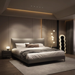 4. Viktor taupe bed viewed at an angle beside an illuminated mirror