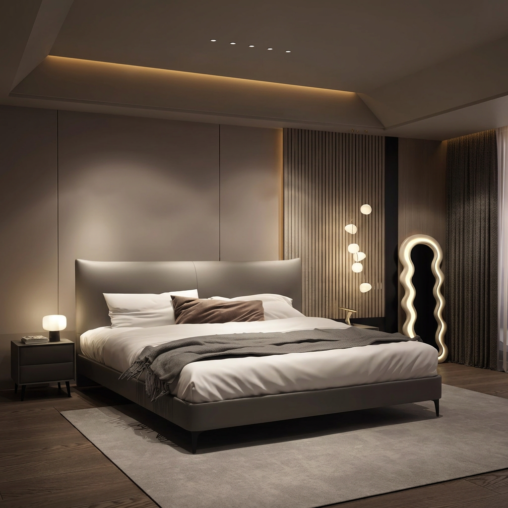 4. Viktor taupe bed viewed at an angle beside an illuminated mirror