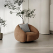 5. Abreu brown swivel armchair viewed at an angle beside sheer curtains
