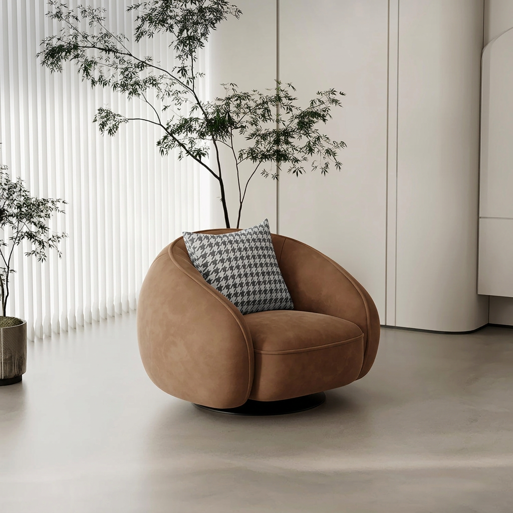5. Abreu brown swivel armchair viewed at an angle beside sheer curtains