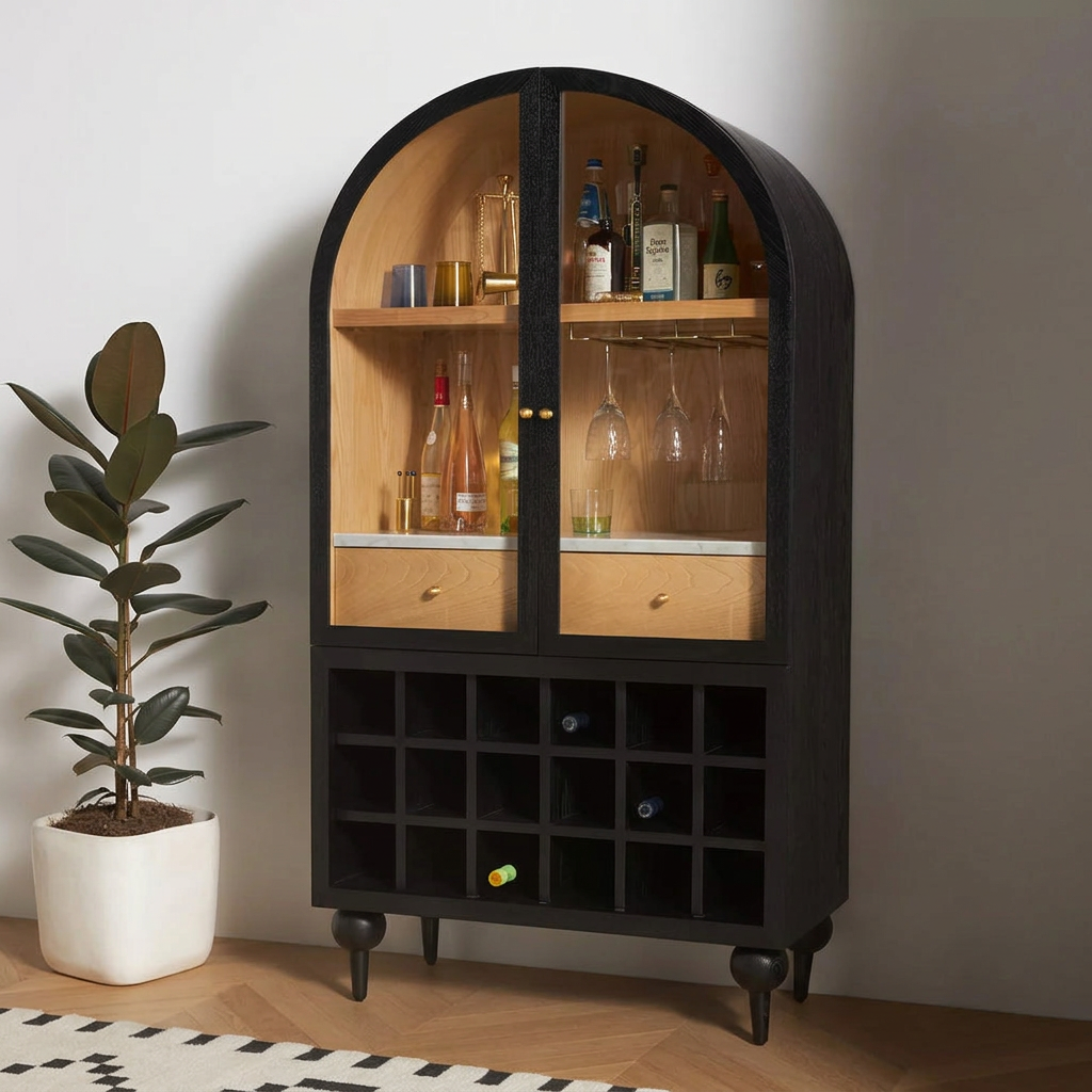 5. Akhtar Pahlavi black wine cabinet with bottles and glasses