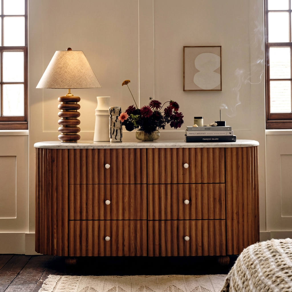 5. Ava white marble sideboard with flowers and a table lamp