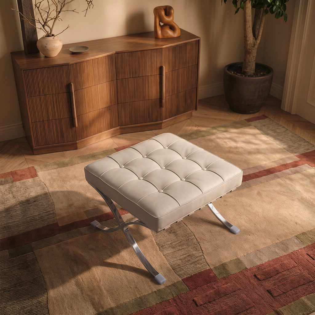 5. Barcelona white leather footstool on a patterned rug