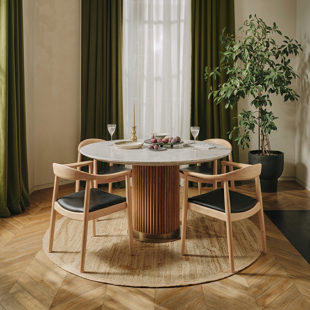 5. Kennedy light oak dining chairs around a round marble table