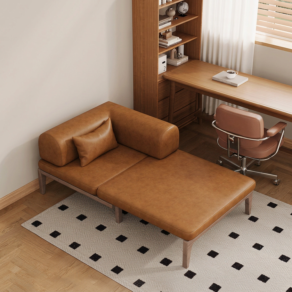 5. Ocampo brown leather sofa bed extended beside a desk