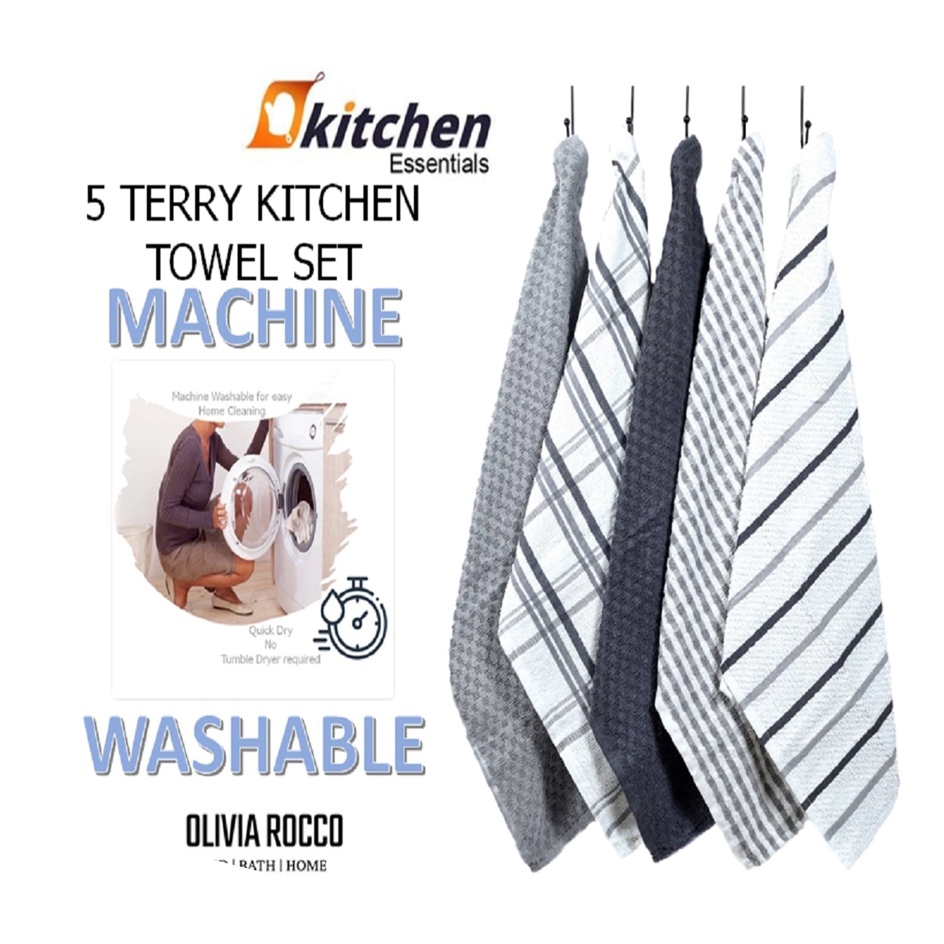 5 Pack Super Absorbent Check Quick Drying Cotton Terry Kitchen Tea Towels Durable Versatile Dish Towels for Home and Professional Use 45cm x 65cm