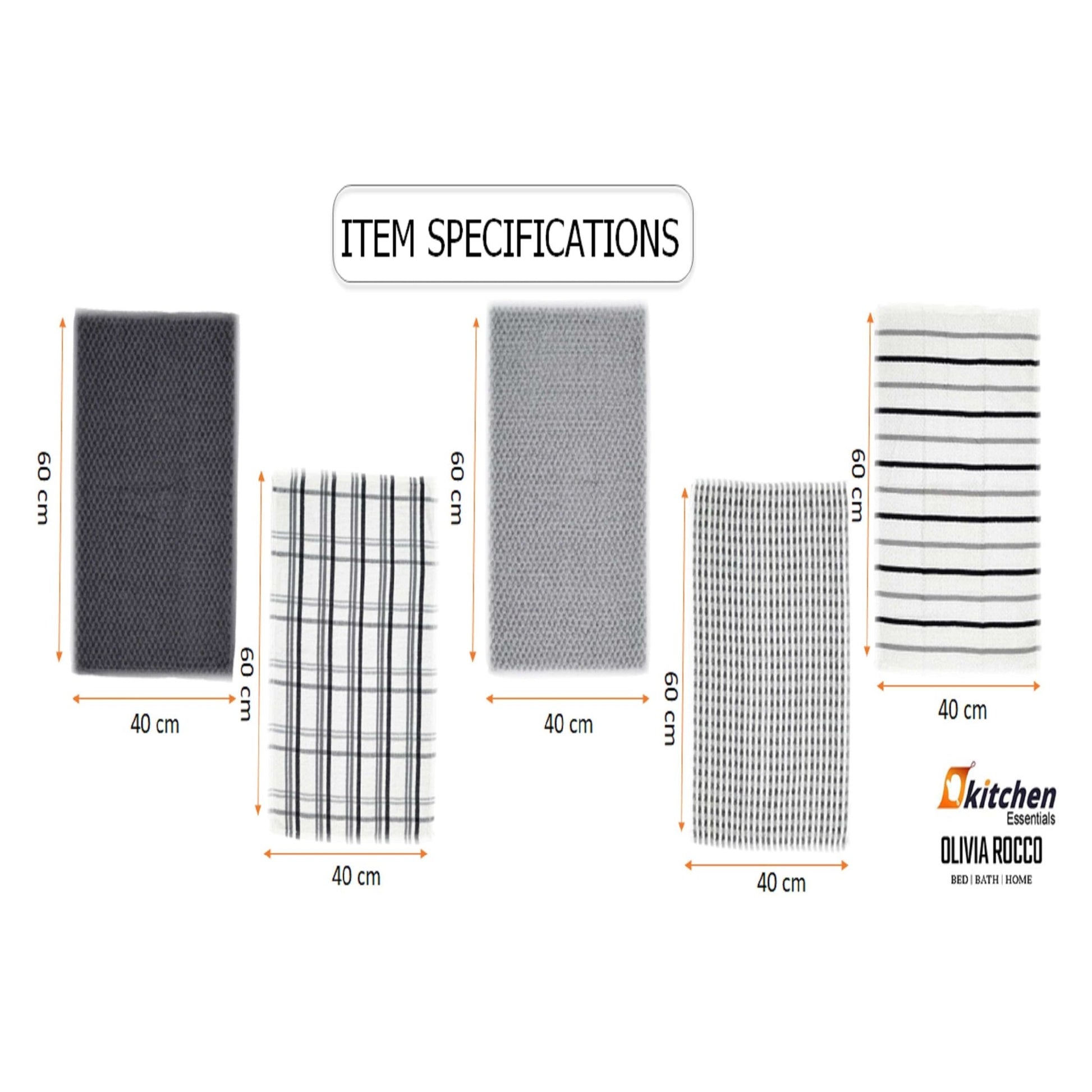 5 Pack Super Absorbent Check Quick Drying Cotton Terry Kitchen Tea Towels Durable Versatile Dish Towels for Home and Professional Use 45cm x 65cm