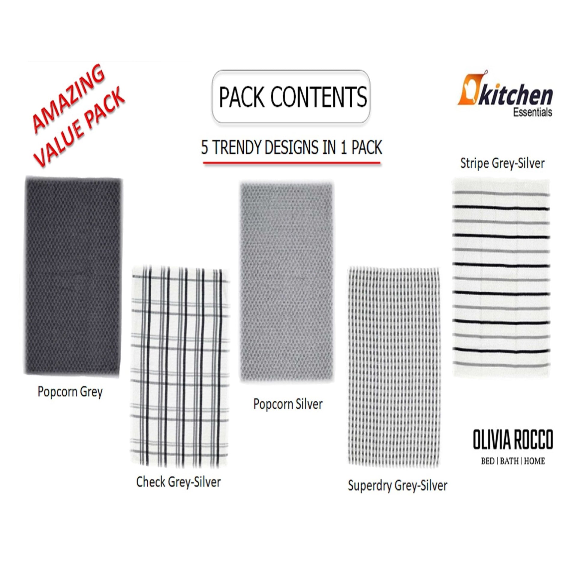 5 Pack Super Absorbent Check Quick Drying Cotton Terry Kitchen Tea Towels Durable Versatile Dish Towels for Home and Professional Use 45cm x 65cm