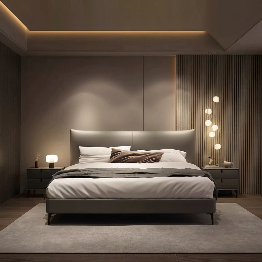 5. Viktor taupe bed viewed from the front in a styled bedroom