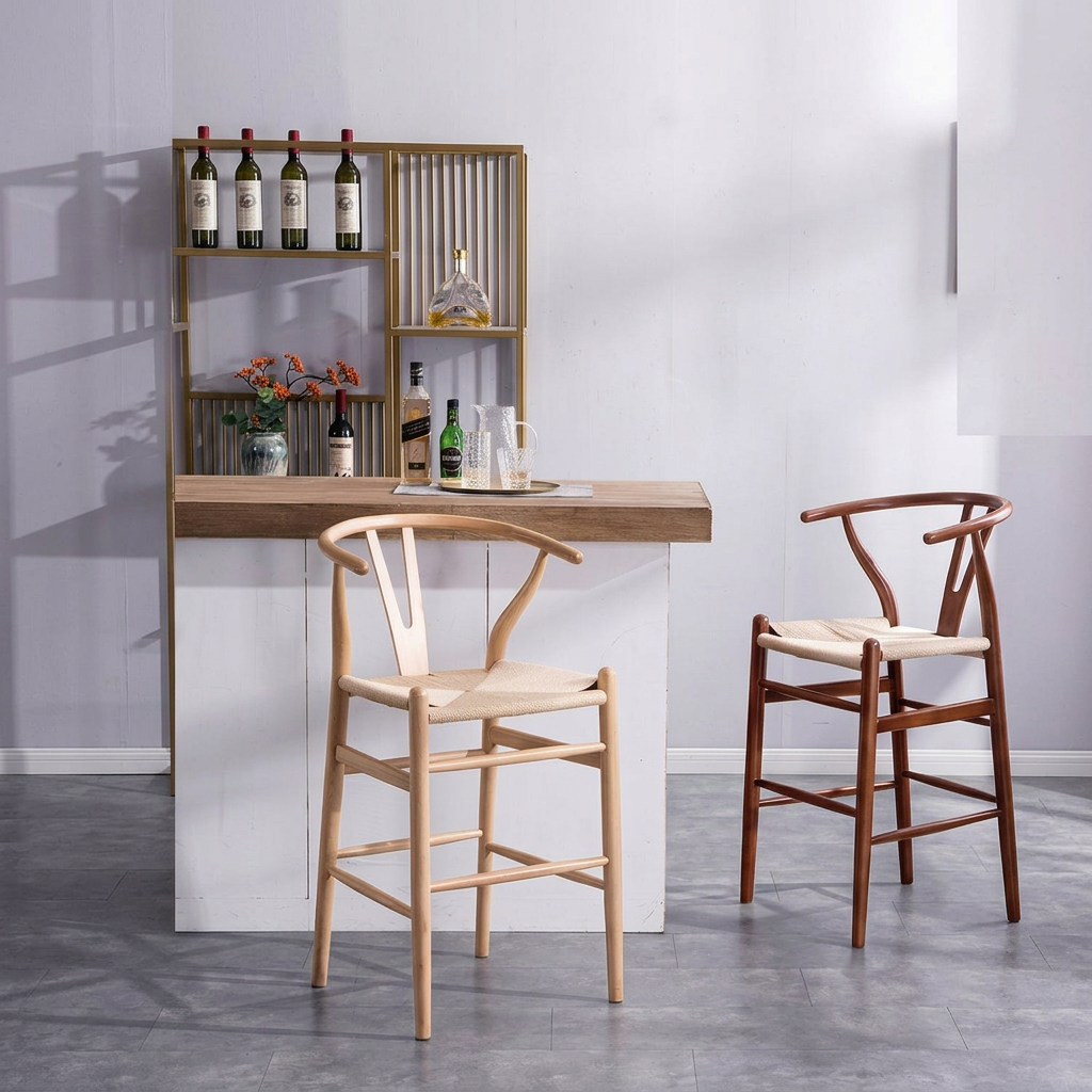 5. Wishbone natural and brown wood bar stools