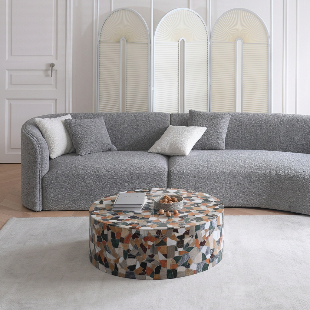 5. Zahra coffee table with a grey sofa and folding screen