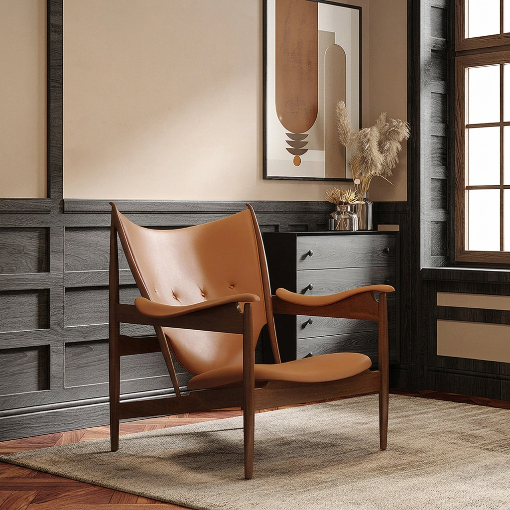 5. Zelenko tan leather lounge chair angled room view